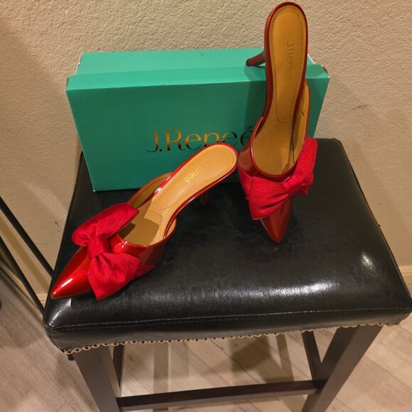 J Red Eleonna Red Patent Leather Bow Mule Heels - Picture 3 of 16
